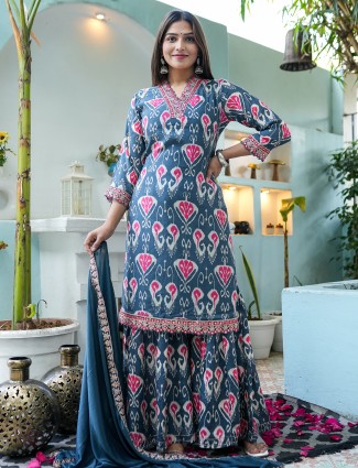 Teal blue printed silk sharara suit