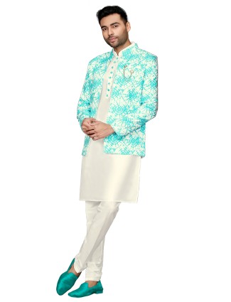 Aqua and Cream Batik Print Silk Indowestern