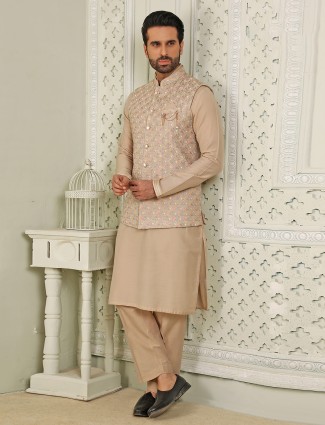 Beige Silk Wedding Waistcoat Set for Men