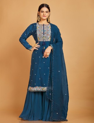 Prussian blue sharara suit with dupatta