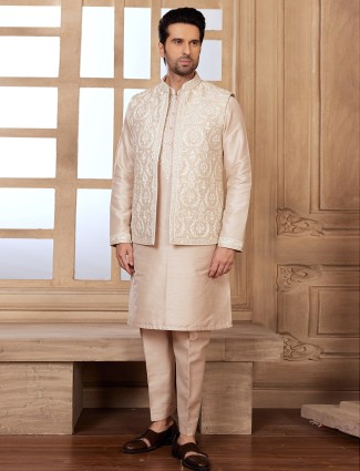 Fabulous Peach Silk Waistcoat Set For Wedding