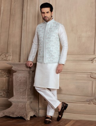 White and Green Silk Wedding Waistcoat Set