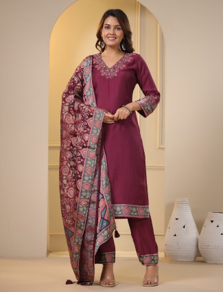 Wine silk kurti set with printed dupatta