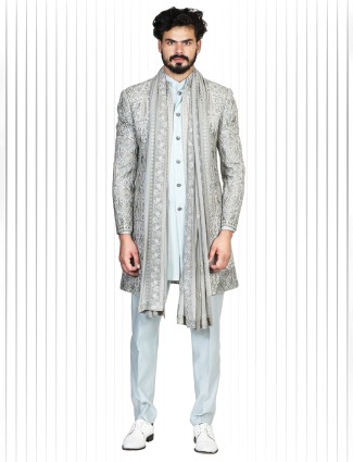 Silk sky blue and grey indowestern