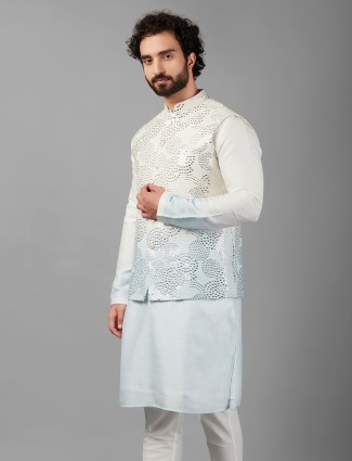 Sky blue and off-white shaded silk waistcoat set