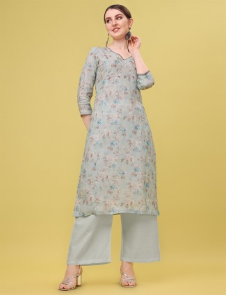 Sky Blue Floral Printed Linen Kurti