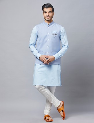 Solid Blue Cotton Waistcoat Set for Men