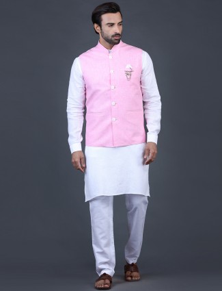 Stylish pink linen waistcoat set for men