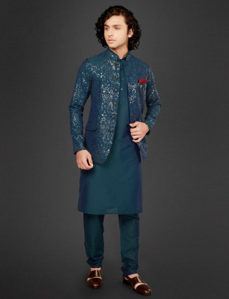 Festive rama blue cotton silk waistcoat set