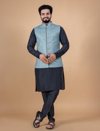 Stone blue jute silk waistcoat set