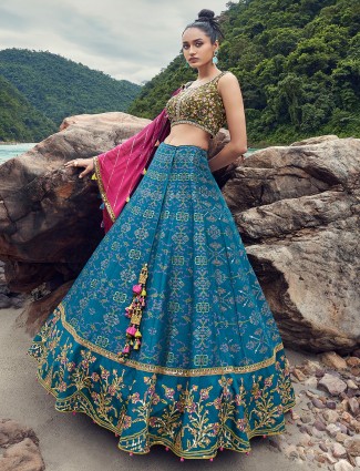 Printed stone blue silk lehenga choli