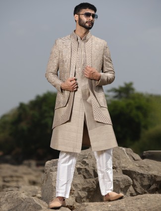 Regal raw silk indowestern in beige