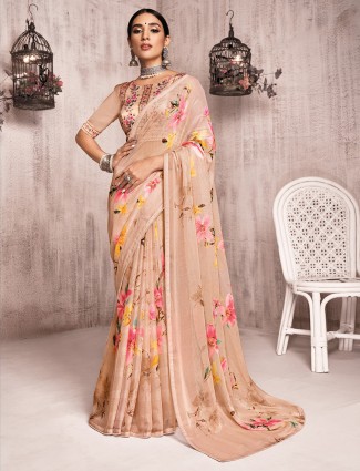 Beige viscose saree with elegant floral prints