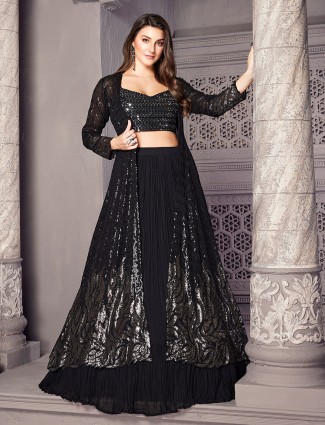 Jacket style black georgette lehenga choli