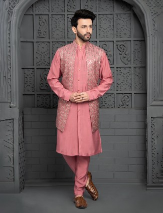 Coral pink silk waistcoat set