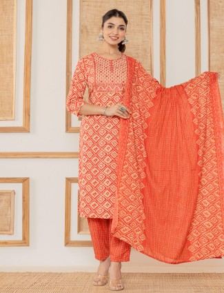 Printed red cotton straight kurti set