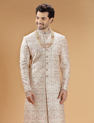 Cream raw silk sherwani with stunning details