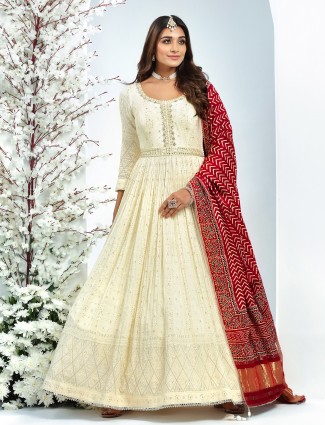 Cream georgette lehenga choli with printed dupatta