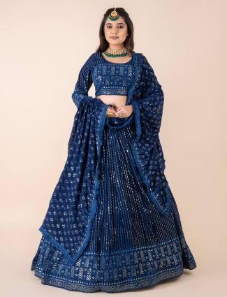 Navy Georgette Lehenga Choli with Embroidery