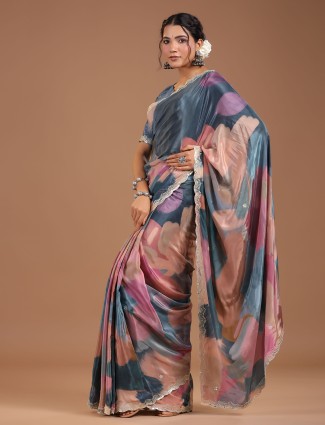 Printed grey muslin silk saree