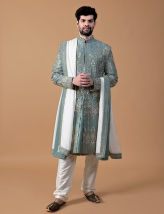 Stunning grey raw silk sherwani