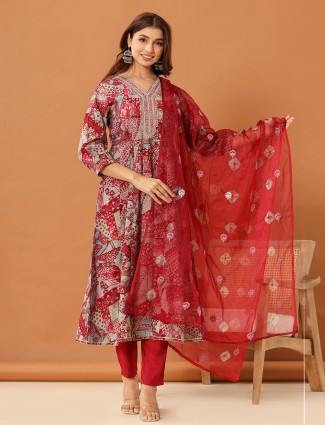 Maroon printed kurti set in silk