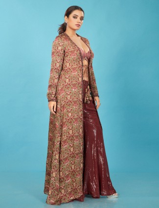 Stylish maroon silk sharara suit