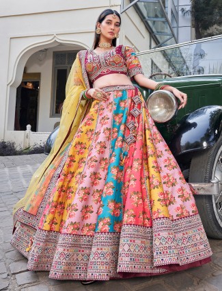 Multi color printed silk lehenga choli for wedding