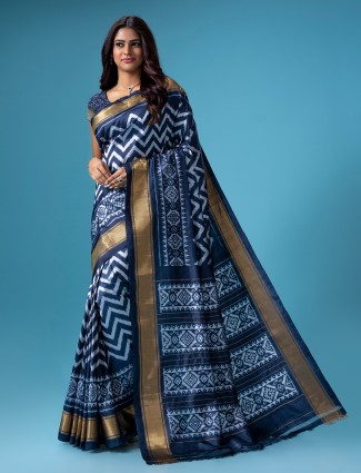 Elegant printed navy silk saree