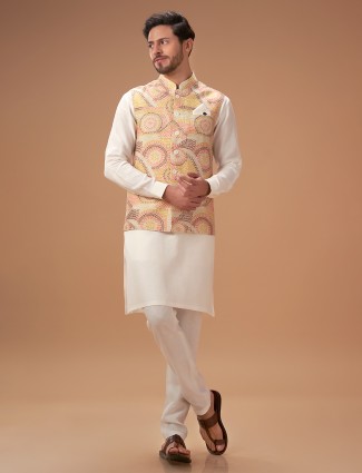 Elegant printed cream waistcoat set in silk