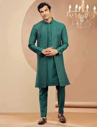 Trendy rama green silk indowestern