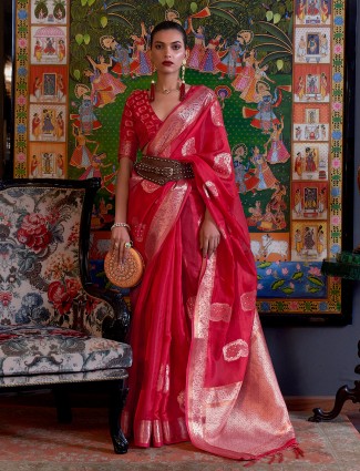 Red zari woven orgenza saree