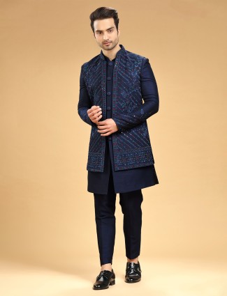 Latest embroidery navy silk indowestern