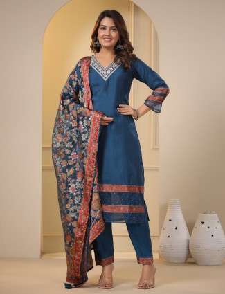 Classy rama blue silk kurti set