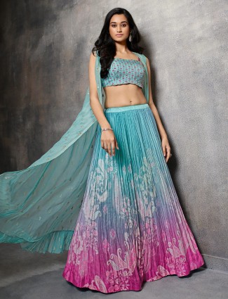 Sky blue printed lehenga choli in silk