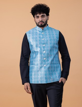 Stunning sky blue printed silk waistcoat