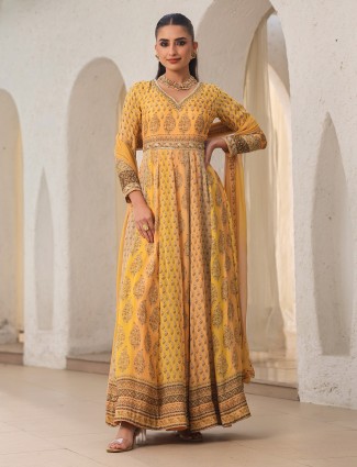 Newest Chinon yellow printed anarkali suit