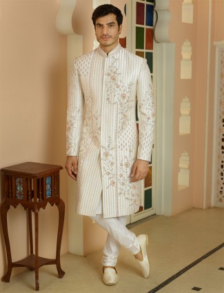 Stylish cream groom sherwani