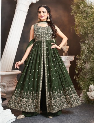 Classic dark green silk palazzo suit