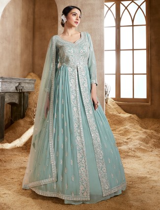 Stylish mint green georgette indowestern suit