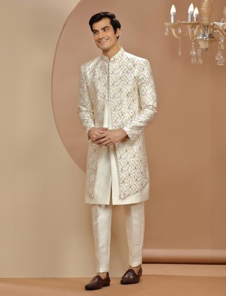 Stylish off white embroidery indowestern