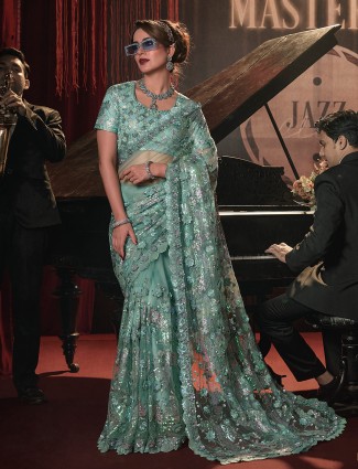 Sea green net wedding saree