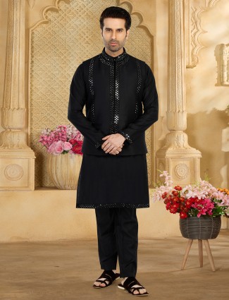 Latest classy black silk waistcoat set