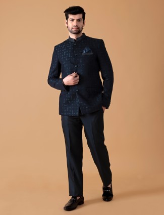 Teal blue printed jodhpuri suit in terry rayon