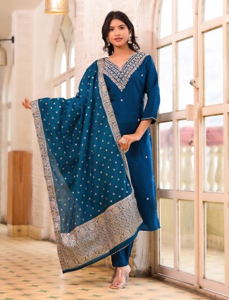 Teal blue silk kurti set with dupatta