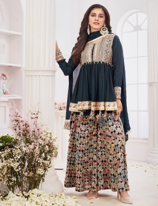 Teal blue silk sharara suit with dupatta