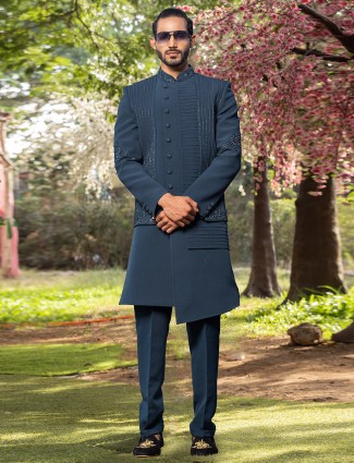 Teal blue terry rayon indowestern for a reception look