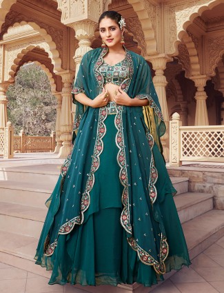 Teal green georgette printed lehenga choli