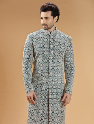 Teal green silk sherwani for weddings