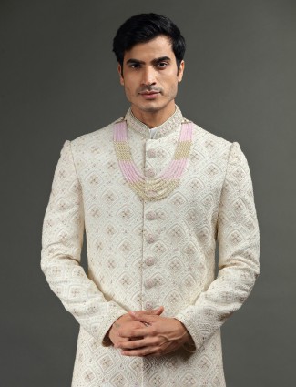 Terry rayon cream groom sherwani